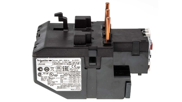 Relè di sovraccarico termico Schneider Electric LRD3359, tripolare, 65 A, montaggio su contattori o guida DIN, dimensioni 236x123x55 mm.