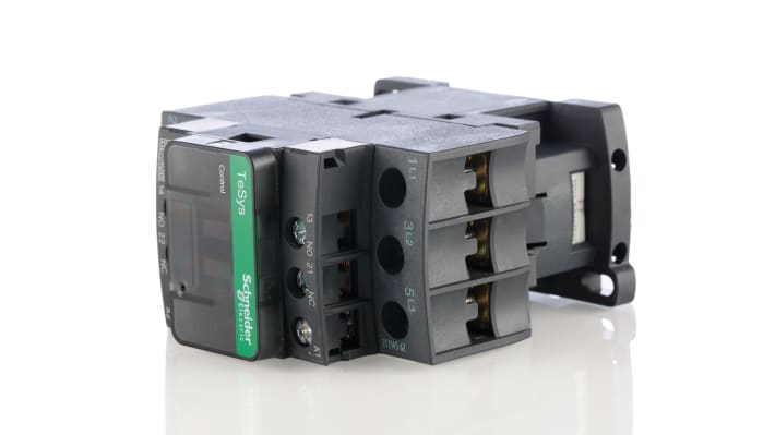 Contattore Schneider Electric LC1D25BD, 3 poli 11 kW 690V c.a. 40A 24V c.c. per industria petrolifera, mineraria e energetica.