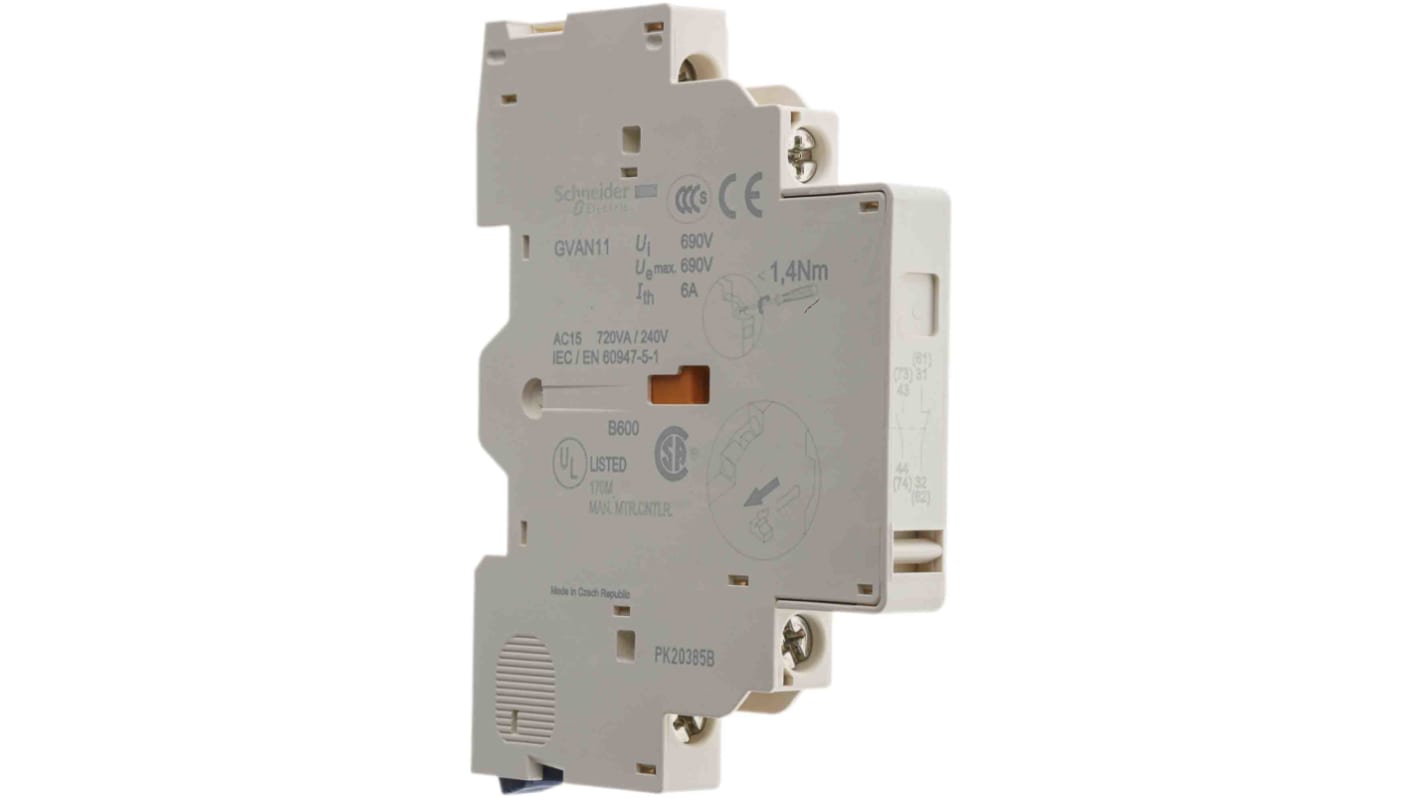 Contatto ausiliario Schneider Electric GVAN11, NA/NC 6A, montaggio laterale. Ideale per circuiti logici e sistemi di controllo.