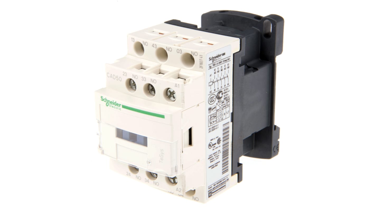 Contattore Schneider Electric CAD50P7, 5NO, 10 A, 690 V c.a., dimensioni 77x45x86 mm, protezione IP2x.