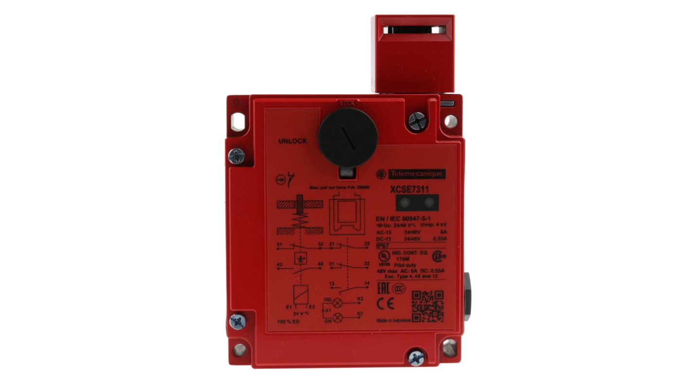 Interruttore di interblocco a solenoide Telemecanique Sensors XCSE7311, 24V ca/cc, IP67. Contatti 1 NA/2 NC, bloccaggio solenoide per macchinari industriali.
