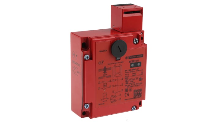 Interruttore di interblocco a solenoide Telemecanique Sensors XCSE7311, 24V ca/cc, IP67. Contatti 1 NA/2 NC, bloccaggio solenoide per macchinari industriali.