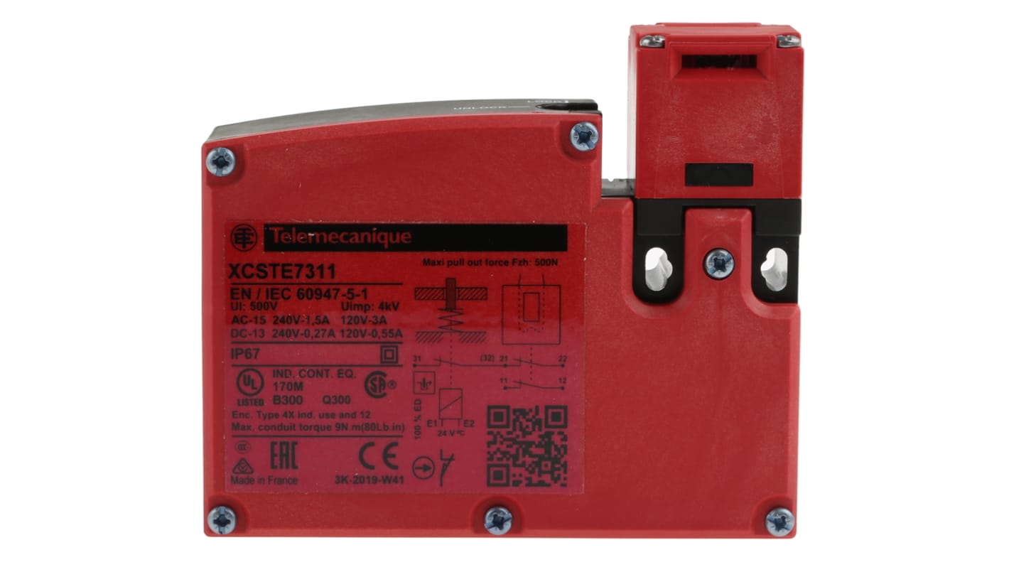 Interruttore di interblocco a solenoide Telemecanique Sensors XCSTE7311, 24V, IP67, 2 contatti NC, dimensioni 93.5mm x 33mm x 110mm.