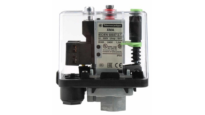 Sensore di pressione differenziale Telemecanique Sensors XMAV06L2135, max 6 bar, uscita relè, grado di protezione IP54.