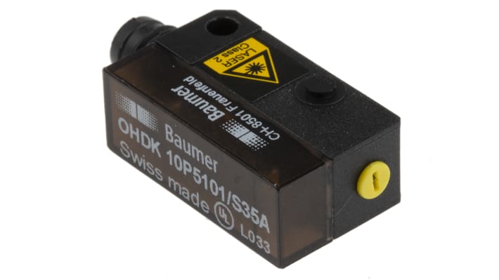 Sensore fotoelettrico rettangolare Baumer OHDK 10P5101/S35A, rilevamento 22-130 mm, uscita PNP, IP67, connettore M8.