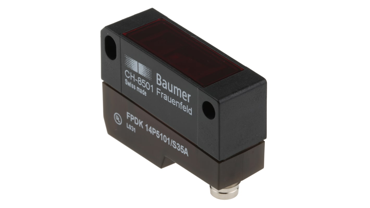 Sensore fotoelettrico rettangolare Baumer FPDK 14P5101/S35A, rilevamento fino a 7.2 m, uscita PNP, IP67, connettore M8.