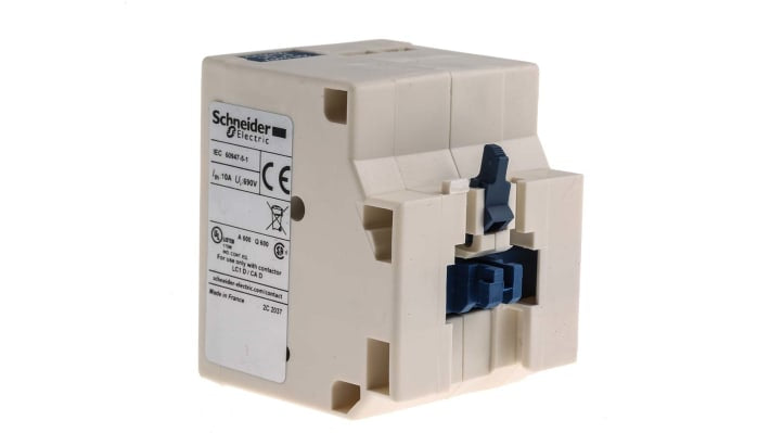 Blocco chiusura contattore Schneider Electric LAD6K10M, montaggio frontale, attivazione remota, impulso di sganciamento elettrico.