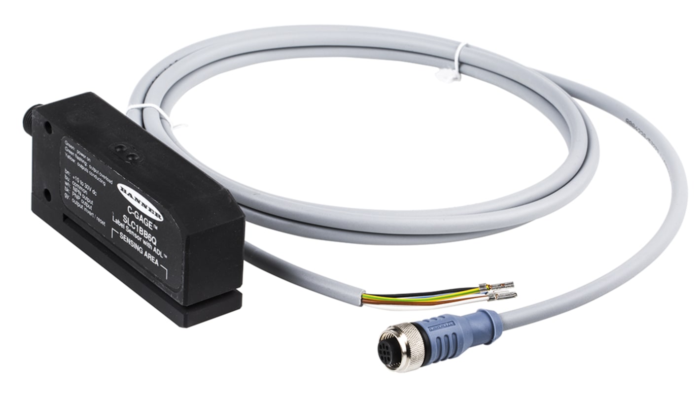 Sensore fotoelettrico rettangolare Banner SLC1BB6Q, rilevamento etichette, uscita PNP, IP67, alimentazione 10-30 V c.c.