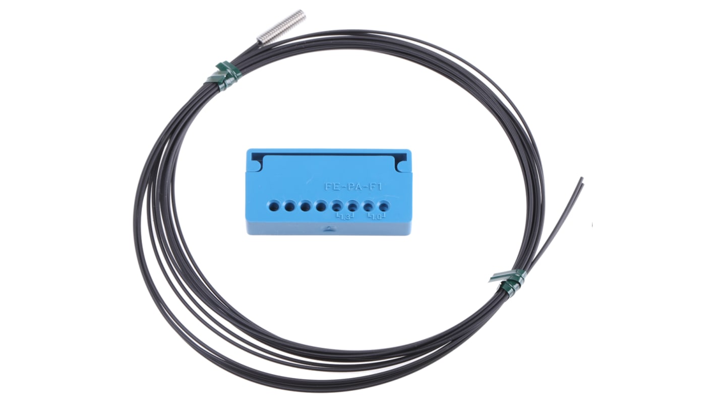 Baumer FLE 200D1Y00, sensore assiale in plastica per fibre ottiche, lunghezza 2 m, dimensioni 4 x 15 x 1 mm, operante da -30 a +70 °C.