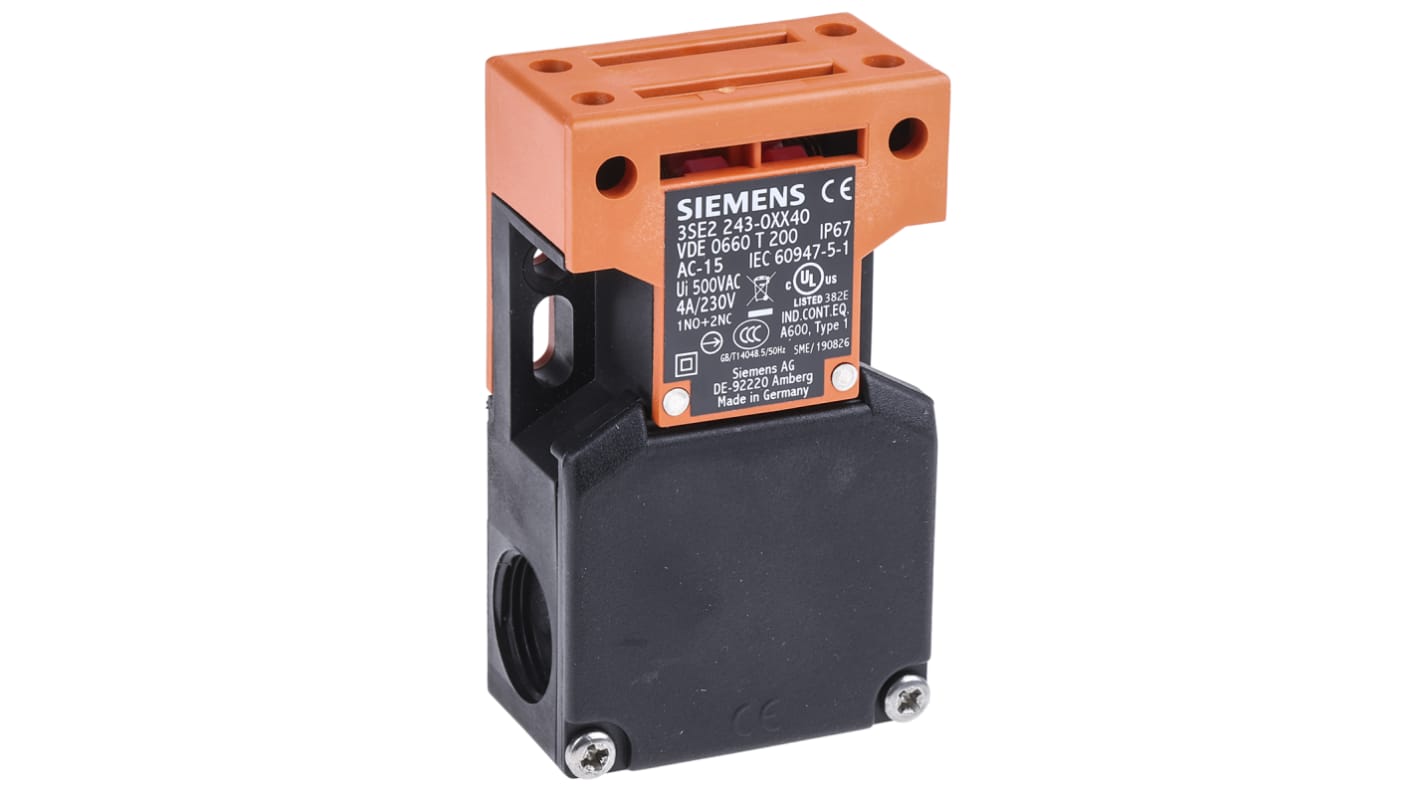 Interruttore di interblocco Siemens 3SE2243-0XX40, configurazione NO/NC, grado di protezione IP65, dimensioni 90mm x 52mm x 30mm.
