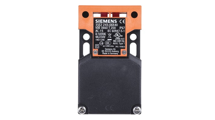 Interruttore di interblocco Siemens 3SE2243-0XX40, configurazione NO/NC, grado di protezione IP65, dimensioni 90mm x 52mm x 30mm.