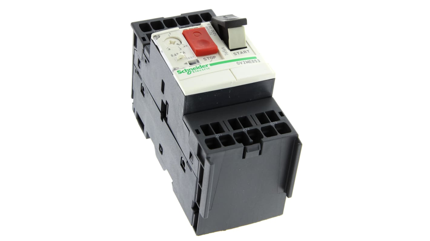 Interruttore automatico motore Schneider Electric GV2ME053, 3 poli, corrente 0,63-1 A, dimensioni 101x44,5x78,2 mm, grado di protezione IP20.