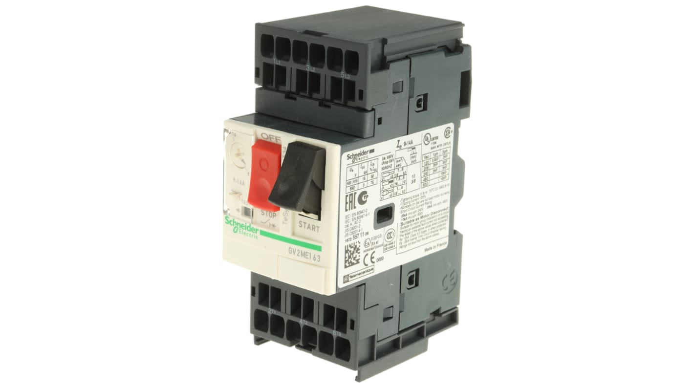 Interruttore automatico motore Schneider Electric GV2ME163, 3 poli, 9-14 A, 690 V, dimensioni 101x44.5x78.2 mm, tipo a molla.