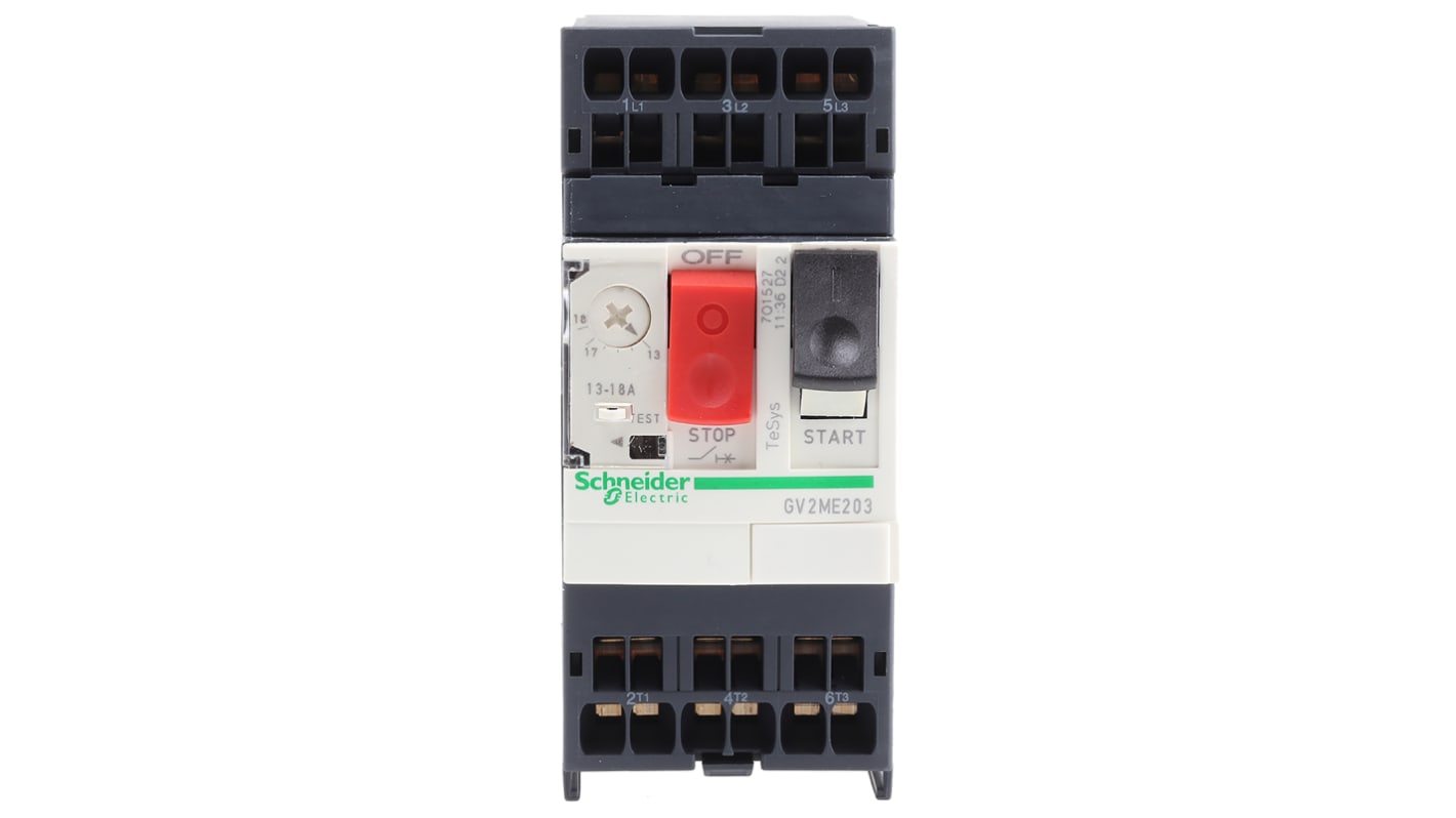 Interruttore automatico motore Schneider Electric GV2ME203, 3 poli, corrente 13-18 A, dimensioni 101 x 44.5 x 78.2 mm, grado di protezione IP20.
