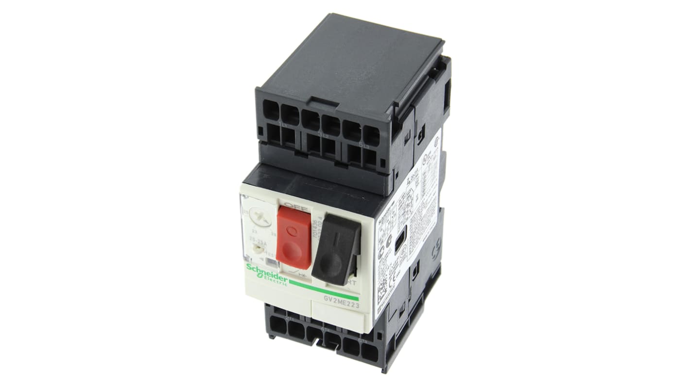 Interruttore automatico del motore Schneider Electric GV2ME223, 3 poli, corrente 20-25 A, dimensioni 101 x 44.5 x 78.2 mm.