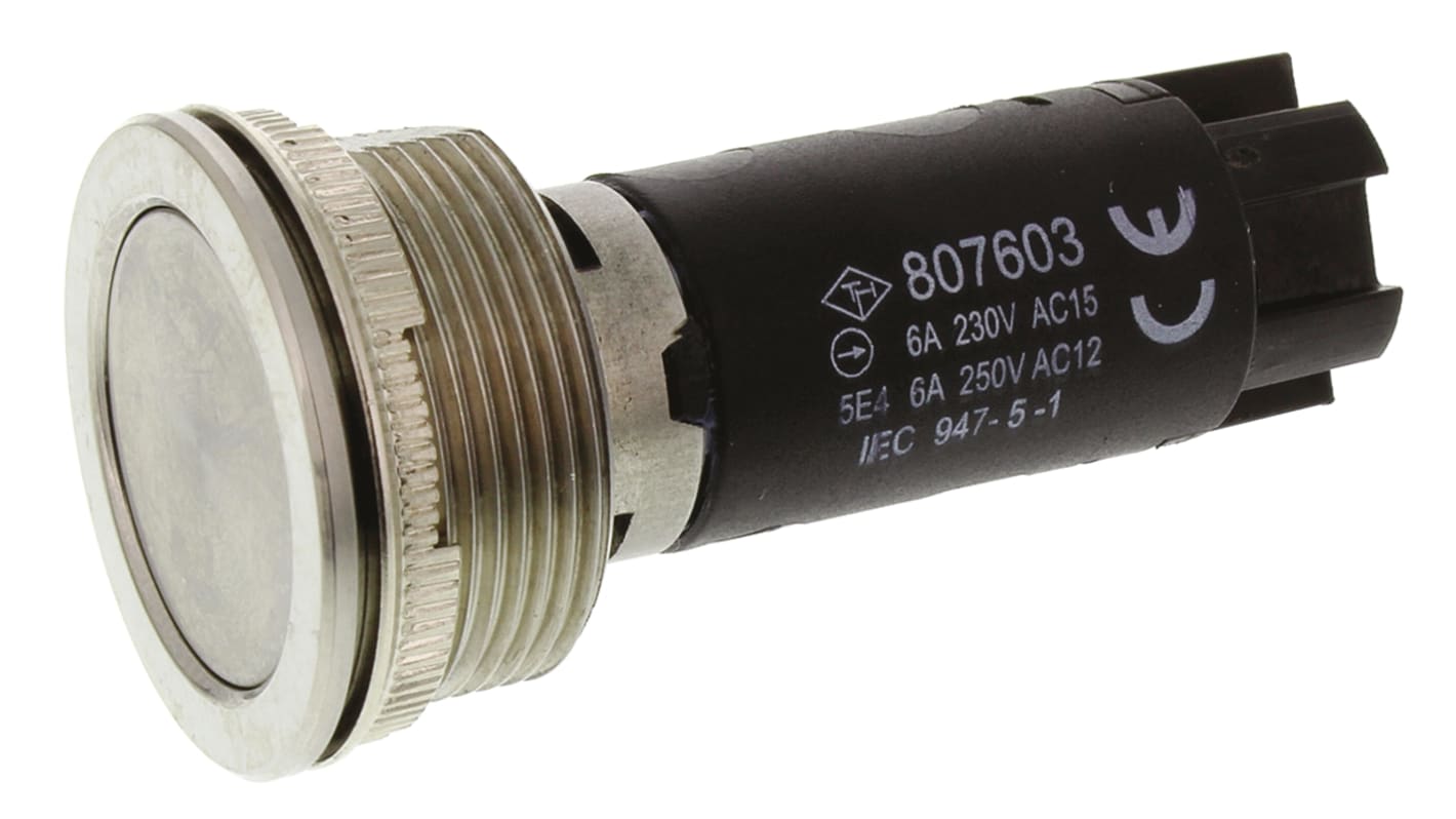 Interruttore a pulsante momentaneo SPDT Saia-Burgess, montaggio a pannello, corpo metallico, grado di protezione IP67, colore argento.