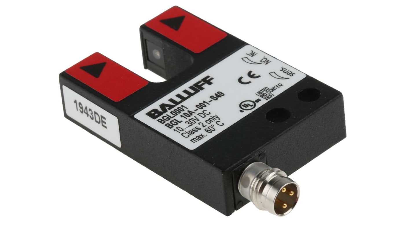 Sensore fotoelettrico a forcella BALLUFF BGL 10 A-001-S49, rilevamento 10 mm, uscita PNP, IP67, alimentazione 10-30 V cc.