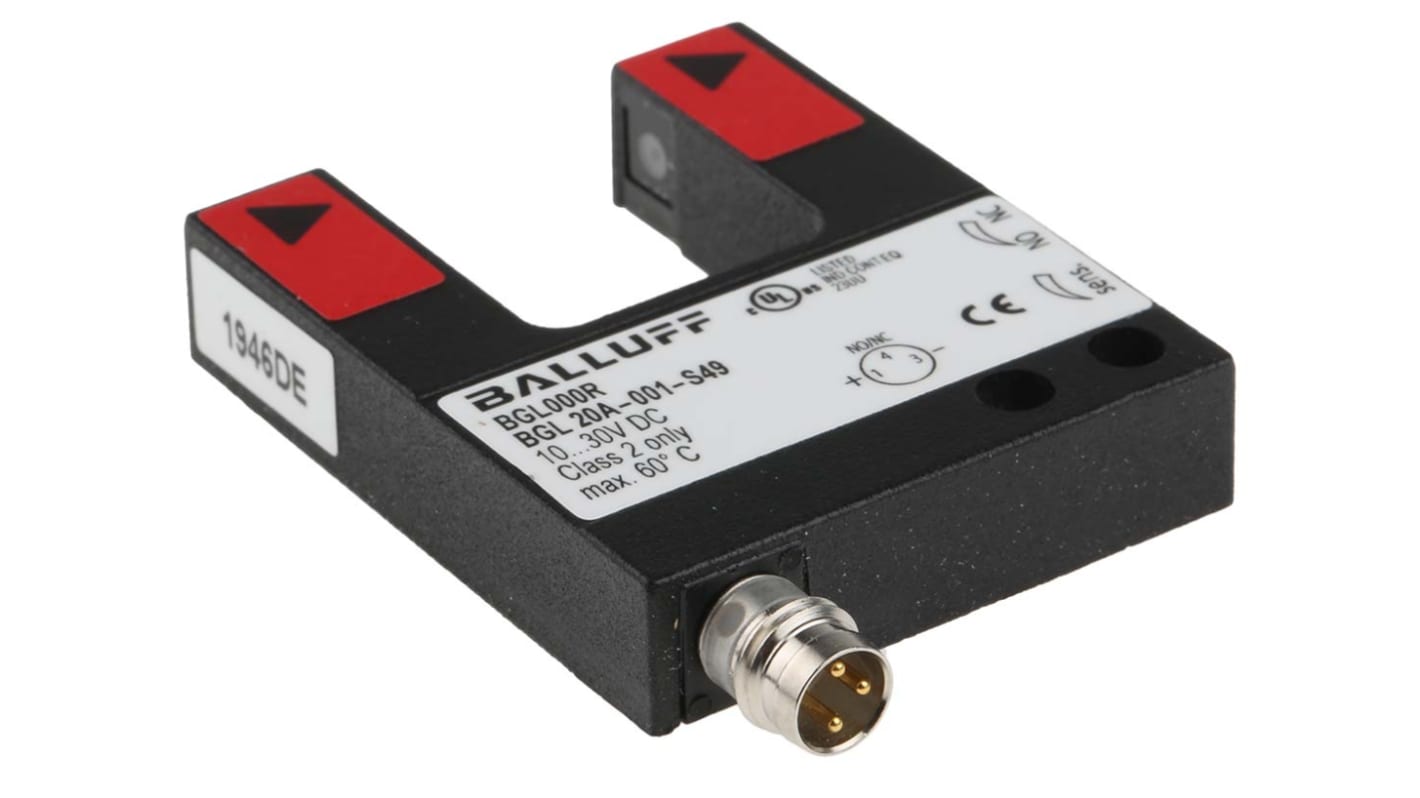 Sensore fotoelettrico a forcella BALLUFF BGL 20 A-001-S49, rilevamento 20 mm, uscita PNP, grado di protezione IP67.