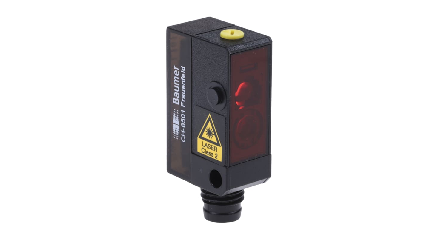 Sensore fotoelettrico Baumer OZDK 10P5101/S35A, rettangolare a diffusione, rilevamento 3-150 mm, uscita PNP, connettore M8. Grado di protezione IP67.