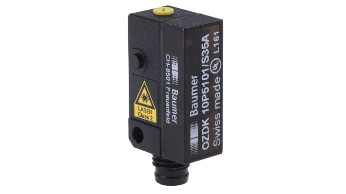 Sensore fotoelettrico Baumer OZDK 10P5101/S35A, rettangolare a diffusione, rilevamento 3-150 mm, uscita PNP, connettore M8. Grado di protezione IP67.