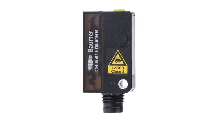 Sensore fotoelettrico Baumer OZDK 10P5101/S35A, rettangolare a diffusione, rilevamento 3-150 mm, uscita PNP, connettore M8. Grado di protezione IP67.
