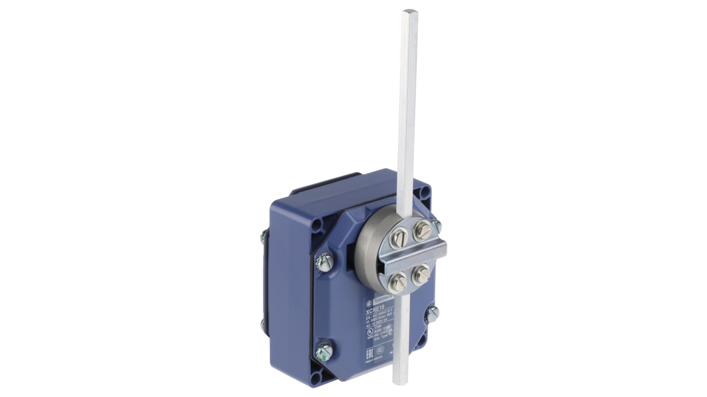 Interruttore di fine corsa leva Telemecanique Sensors XCRE18, 2NA e 2NC, protezione IP54, dimensioni 95mm x 85mm x 53mm.