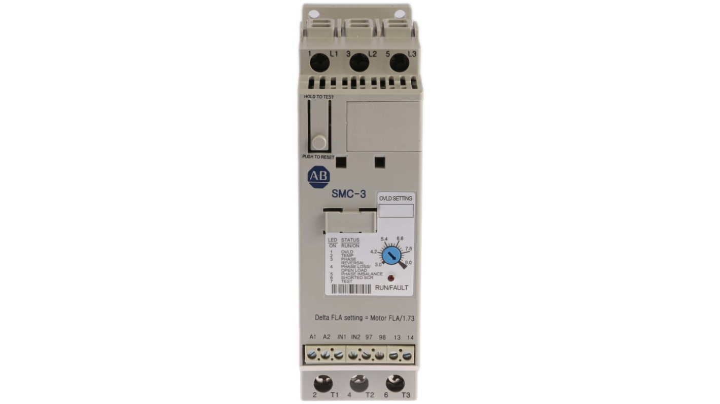 Allen Bradley 150-C9NBD, avviatore soft-start trifase 4 kW, 460 V, 9 A, con bypass integrato e protezione sovraccarico. Dimensioni 100x44.8x139.7 mm.