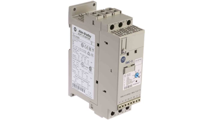 Allen Bradley 150-C9NBD, avviatore soft-start trifase 4 kW, 460 V, 9 A, con bypass integrato e protezione sovraccarico. Dimensioni 100x44.8x139.7 mm.