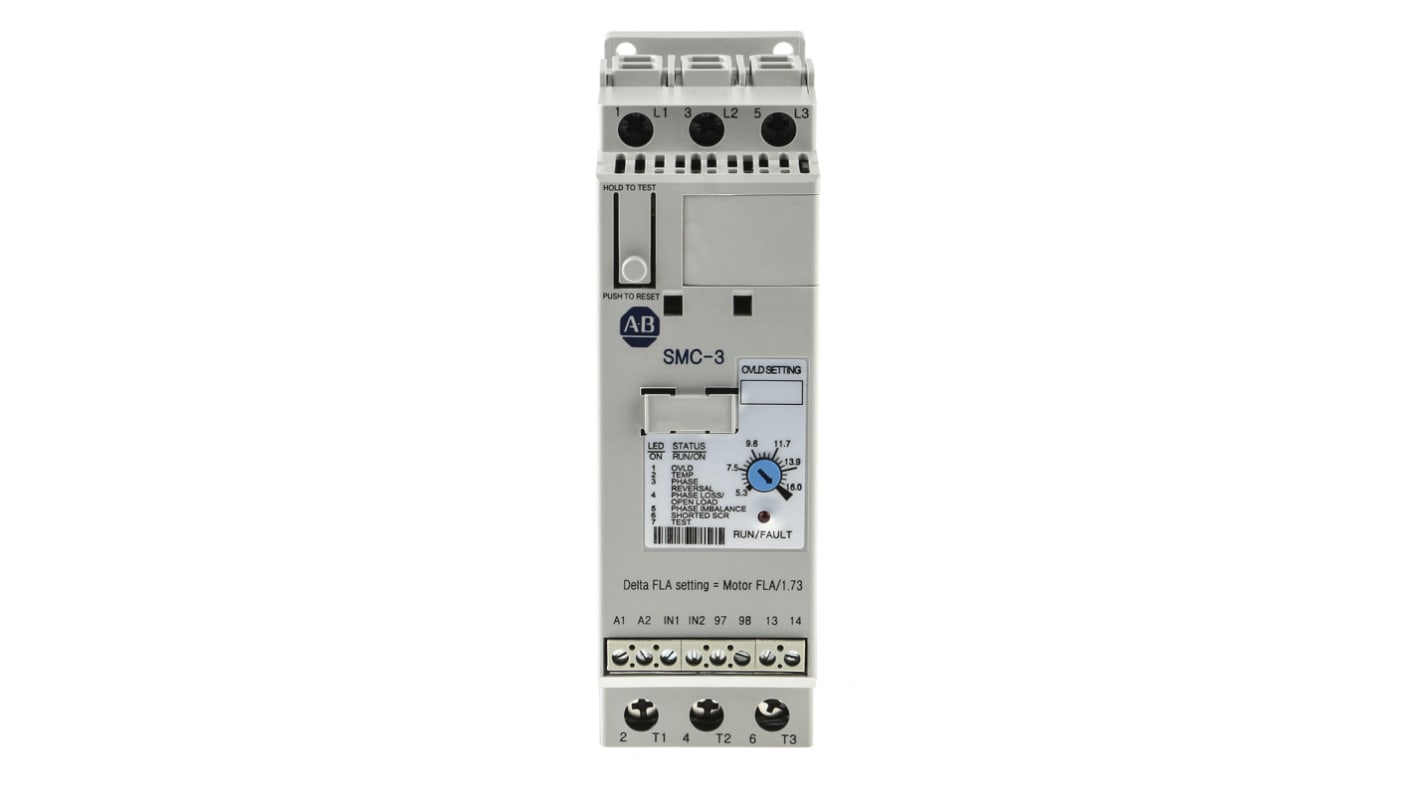 Allen Bradley 150-C16NBD, avviatore soft-start trifase 7,5 kW, 16 A, IP2X, con contattore bypass e diagnostica integrata.