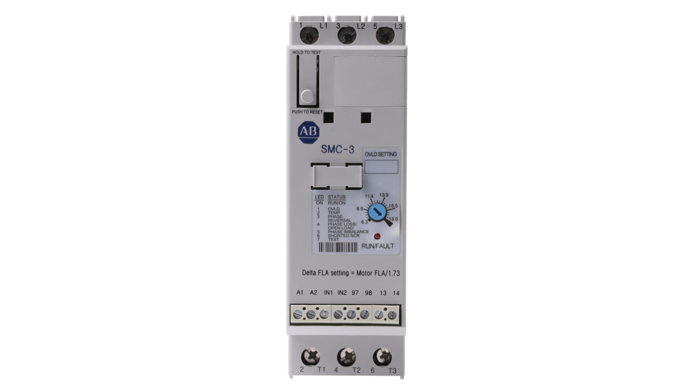 Allen Bradley 150-C19NBD, avviatore soft-start trifase 7,5 kW, 19 A, con bypass integrato e protezione sovraccarico. Dimensioni 100x44,8x139,7 mm.