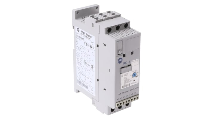 Allen Bradley 150-C19NBD, avviatore soft-start trifase 7,5 kW, 19 A, con bypass integrato e protezione sovraccarico. Dimensioni 100x44,8x139,7 mm.