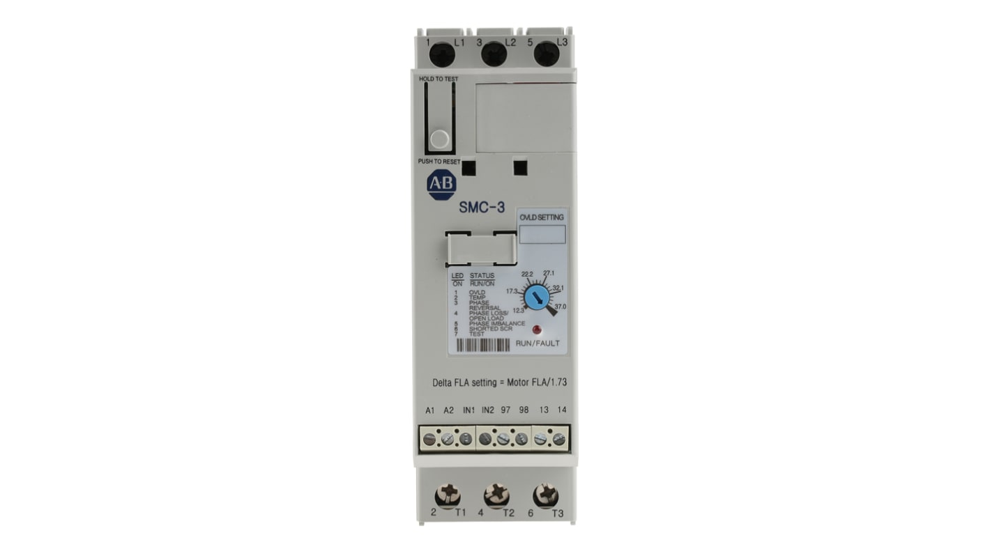 Allen Bradley 150-C37NBD, avviatore soft-start automatico per motori trifase, potenza 18,5 kW, dimensioni 100 x 44,8 x 139,7 mm.