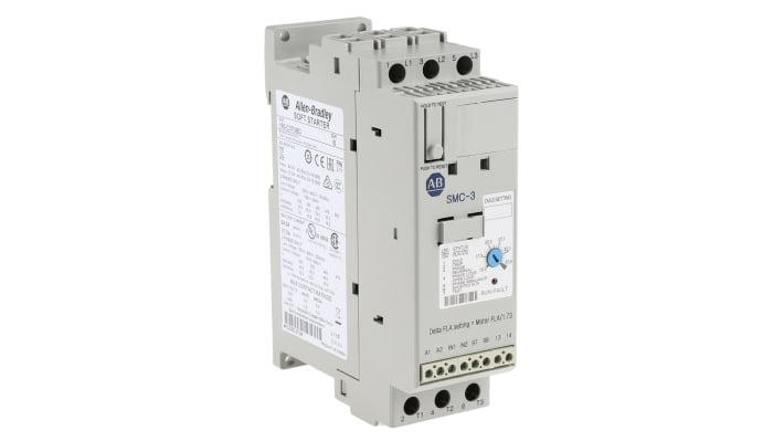 Allen Bradley 150-C37NBD, avviatore soft-start automatico per motori trifase, potenza 18,5 kW, dimensioni 100 x 44,8 x 139,7 mm.