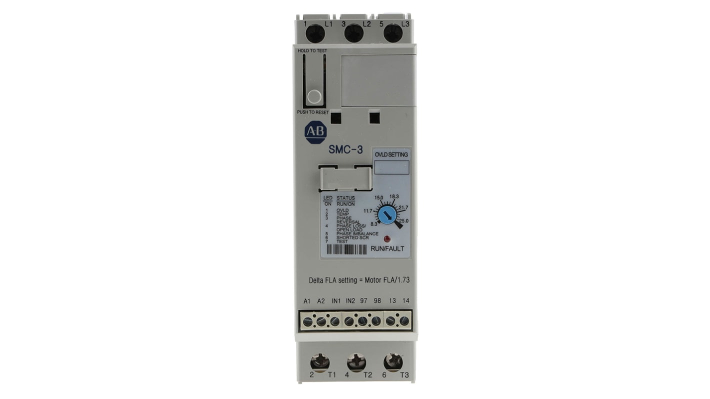 Allen Bradley 150-C25NBR, avviatore soft-start automatico per motori trifase, potenza 11 kW, corrente 25 A, dimensioni 100x44.8x139.7 mm.