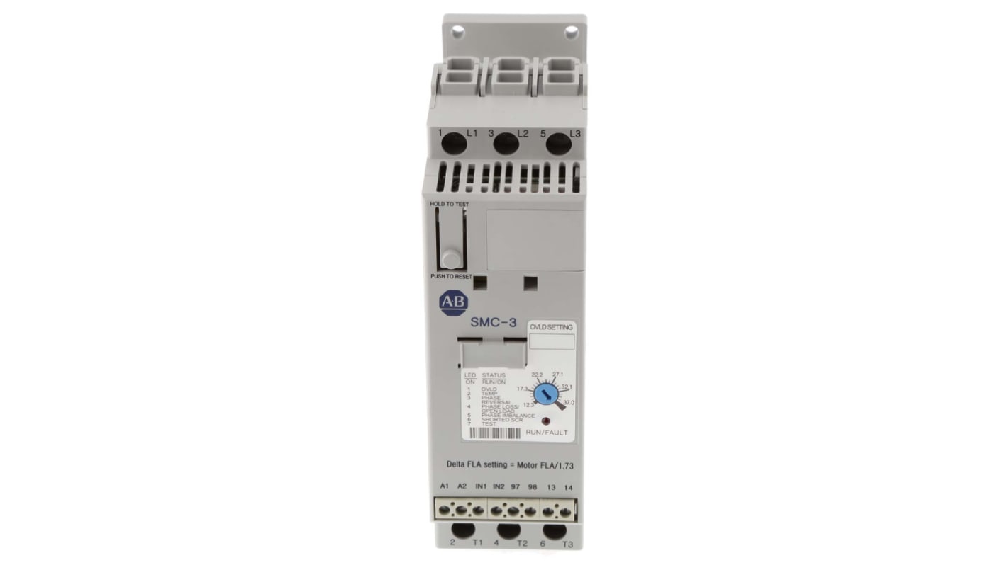 Allen Bradley 150-C37NBR, avviatore soft-start automatico per motori trifase, potenza 18,5 kW, dimensioni 100x44,8x139,7 mm.