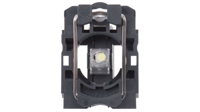 Blocco luminoso LED bianco Schneider Electric, tensione 24V, corrente 18mA, durata 100000 ore, montaggio con collare incluso.