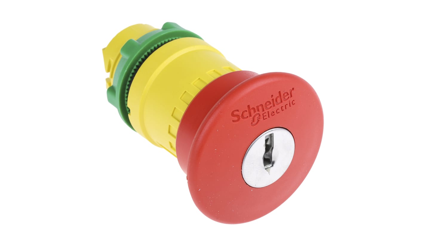 Pulsante di arresto di emergenza Schneider Electric ZB5AS944, rosso, diametro 22mm, protezione IP66/IP67/IP69K, dimensioni 40x40x79mm.