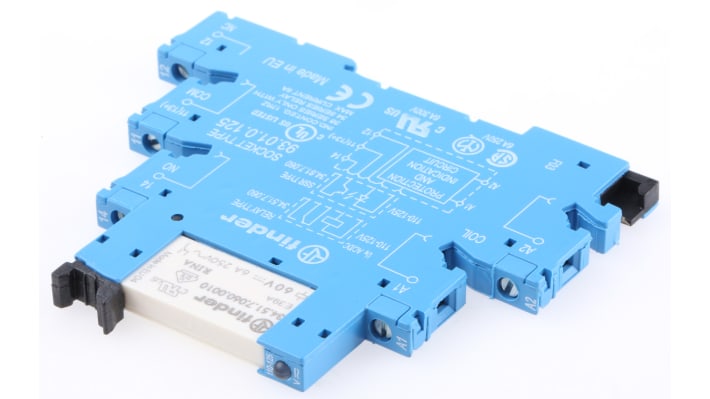 Finder 38.51.0.125.0060, relè d'interfaccia SPDT per guida DIN, tensione 110-125V, corrente 6A, dimensioni 6.2 x 75.6 x 87.9 mm.