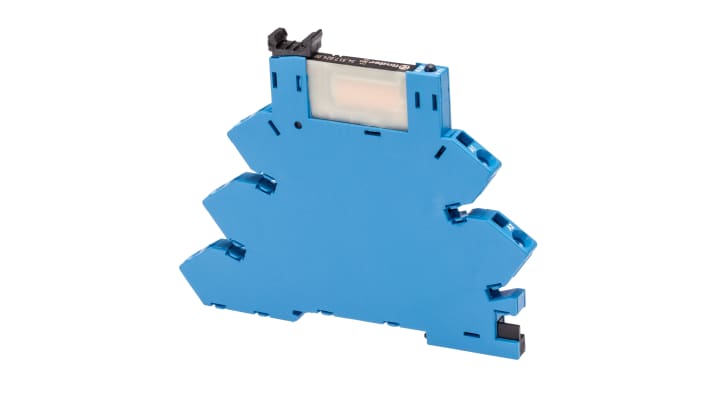 Finder 38.61.7.024.0050, relè d'interfaccia 24V cc, contatti SPDT, montaggio su guida DIN, dimensioni 6.2 x 75.6 x 93 mm.