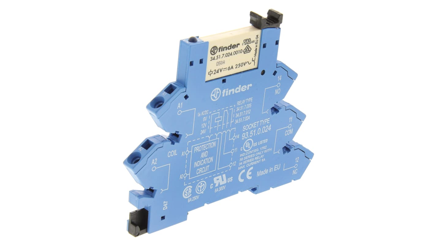 Finder 38.61.0.024.0060, relè d'interfaccia SPDT per guida DIN, bobina 24V, dimensioni 93x6,2x75,6 mm.