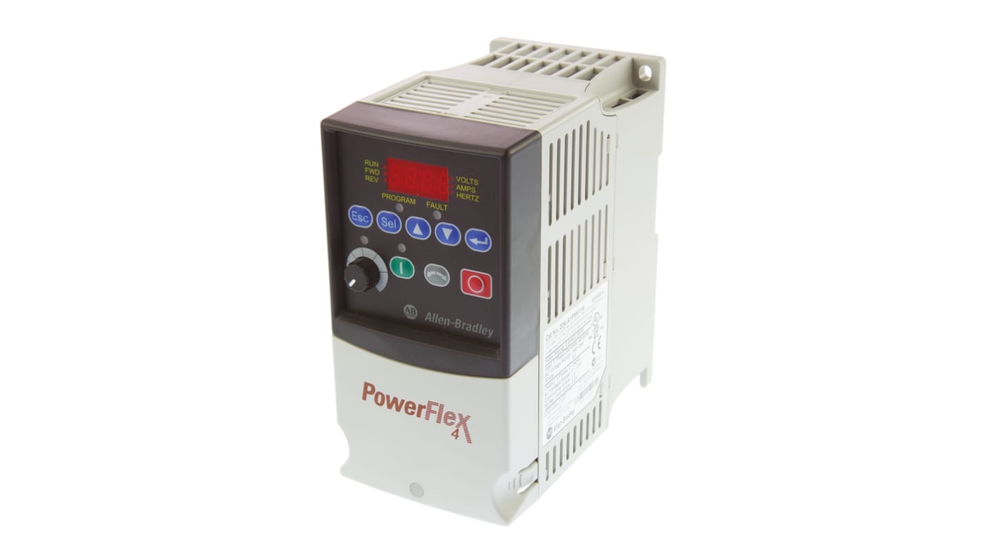 Allen Bradley 22A-A1P5N114, inverter monofase 0,2 kW, 230 V, montaggio su guida DIN, dimensioni 152x80x136 mm.