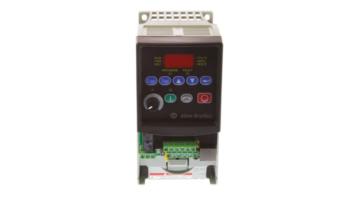 Allen Bradley 22A-A1P5N114, inverter monofase 0,2 kW, 230 V, montaggio su guida DIN, dimensioni 152x80x136 mm.