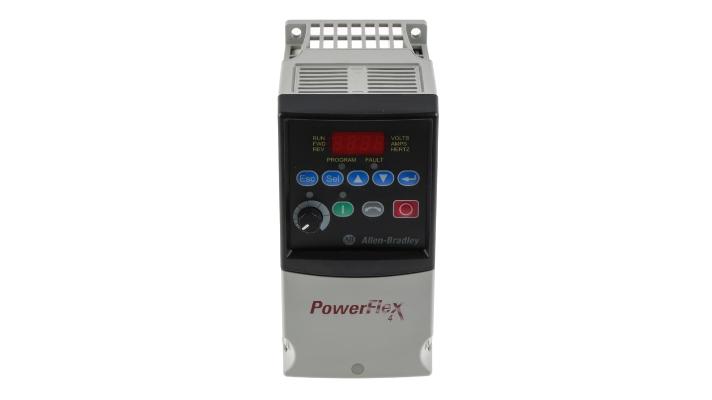 Inverter Allen Bradley 22A-A2P3N114, 0,4 kW, 230 V, 1 fase, montaggio su guida DIN, dimensioni 152x136x80 mm.