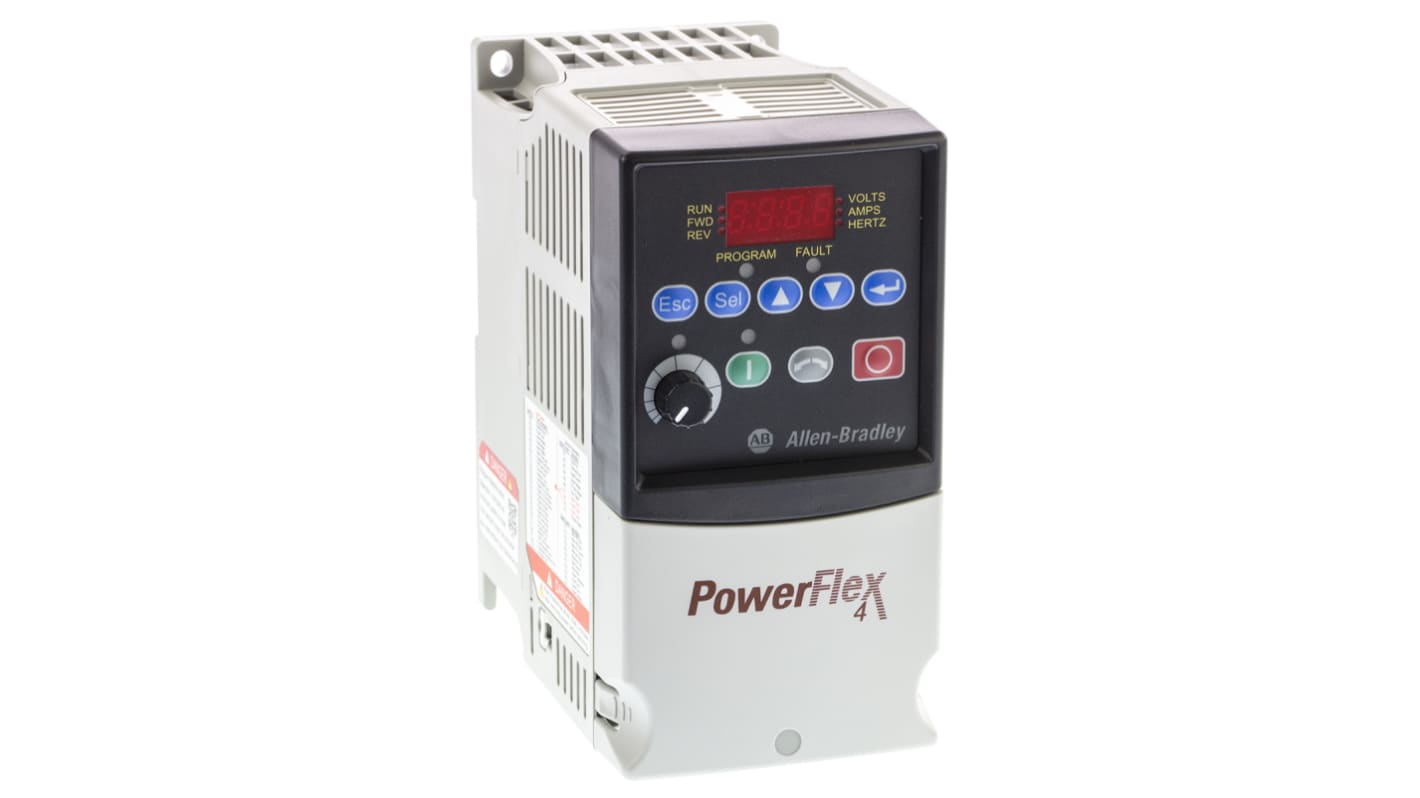 Inverter monofase Allen Bradley 22A-A4P5N114, potenza 0,75 kW, montaggio su guida DIN, dimensioni 152x80x136 mm.