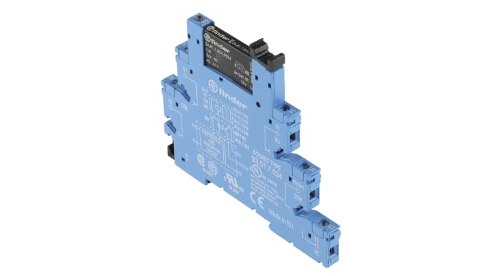 Finder 38.81.7.024.9024, modulo relè d'interfaccia SPST per guida DIN, tensione 24V cc, dimensioni 87.9 x 6.2 x 75.6 mm.