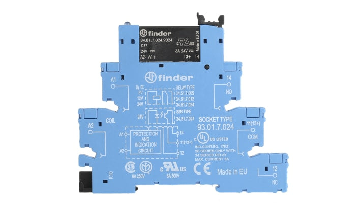 Finder 38.81.7.024.9024, modulo relè d'interfaccia SPST per guida DIN, tensione 24V cc, dimensioni 87.9 x 6.2 x 75.6 mm.