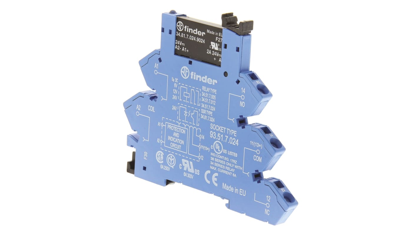 Finder 38.91.7.024.9024, relè a stato solido per montaggio su guida DIN, 2 A, 24 V c.c., dimensioni 93 x 6,2 x 75,6 mm.