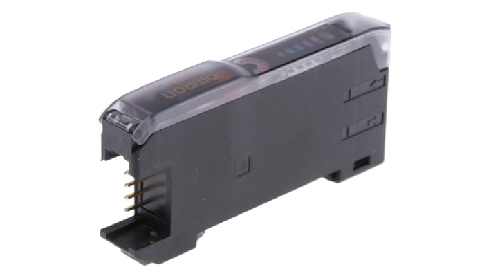 Omron E3X-NA6, sensore NPN per fibre ottiche, alimentazione 12-24 V c.c., distanza di rilevamento fino a 400 mm. Dimensioni 67,3 x 10 x 31,5 mm.
