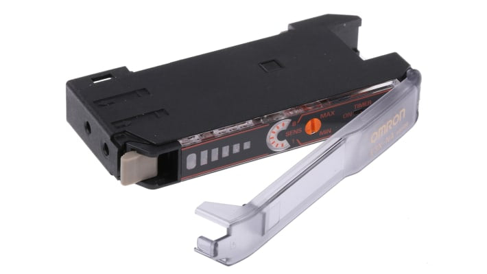 Omron E3X-NA6, sensore NPN per fibre ottiche, alimentazione 12-24 V c.c., distanza di rilevamento fino a 400 mm. Dimensioni 67,3 x 10 x 31,5 mm.
