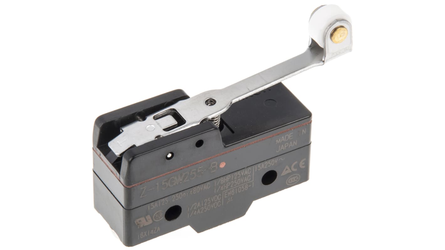 Interruttore di fine corsa Omron Z-15GW255-B, leva a rullo, SPDT, contatti NO/NC, dimensioni 39.4mm x 49.2mm x 17.45mm.